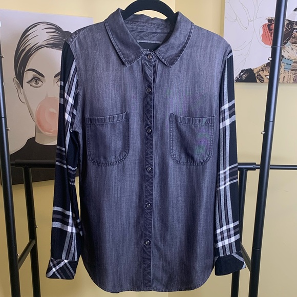NWOT RAILS Denim Chambray Button Down with Black/White Plaid, Size XS - Picture 3 of 4